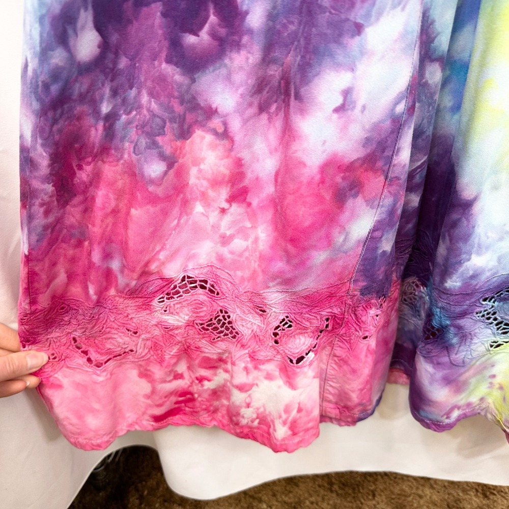 Tie Dye Medium Maxi Dress Handmade Rainbow Eyelet Hem Sleeveless Vacation 1760 - Picture 9 of 15